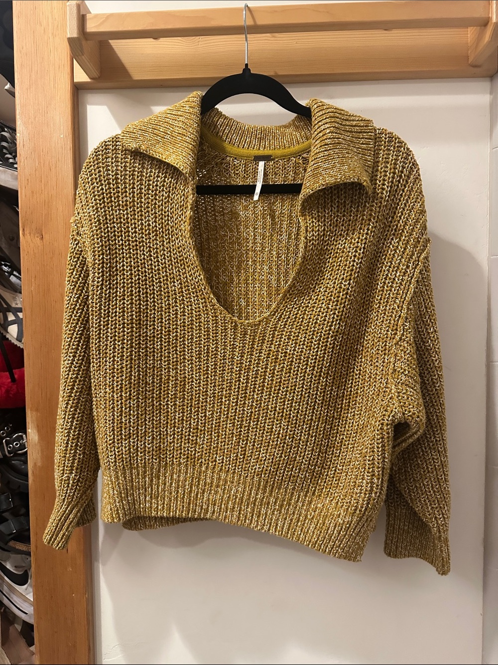 Free People Mustard Collared V-Neck Chunky Knit Sweater